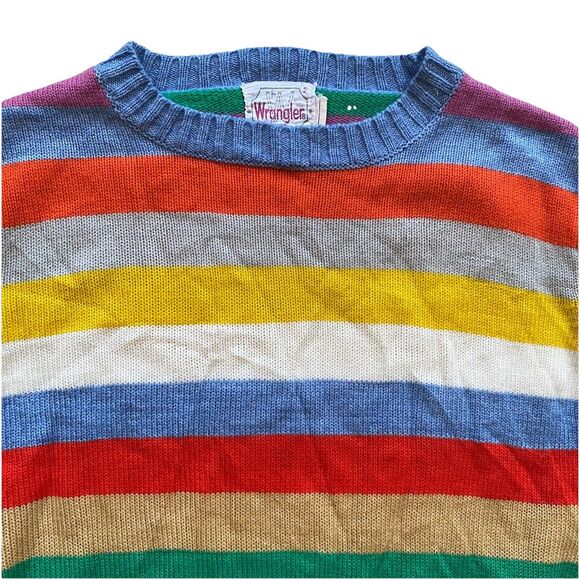 Vintage 70s Wrangler Striped Sweater Small Rainbow Acrylic Hippie Long Sleeve - Picture 1 of 7